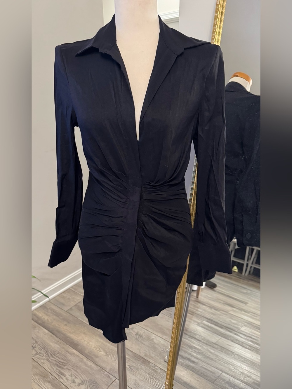Zara Black Ruched Mini Shirt Dress